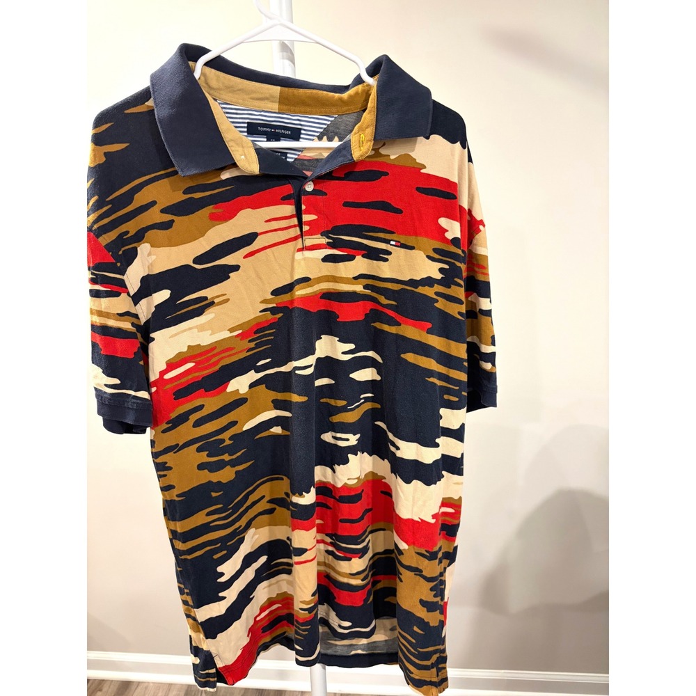 Gorpcore Retro Preppy Mens Camo Polo XXL Red Blue Piqué Cotton Streetwear Y2K
